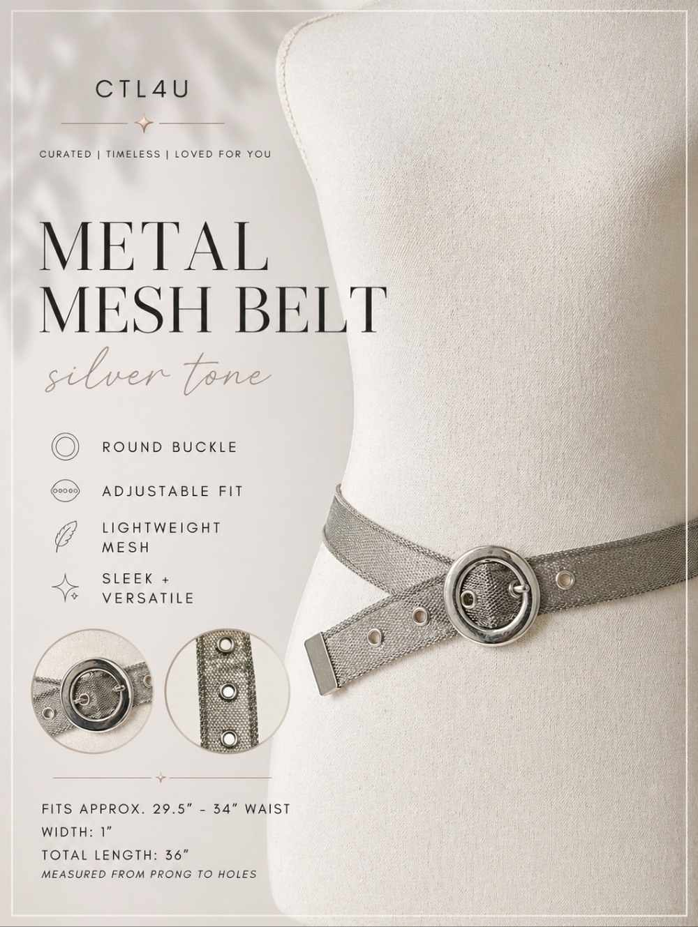 Silver Toned Metal Mesh Belt Round Buckle Adjustable 29.5–34” Waist S/M